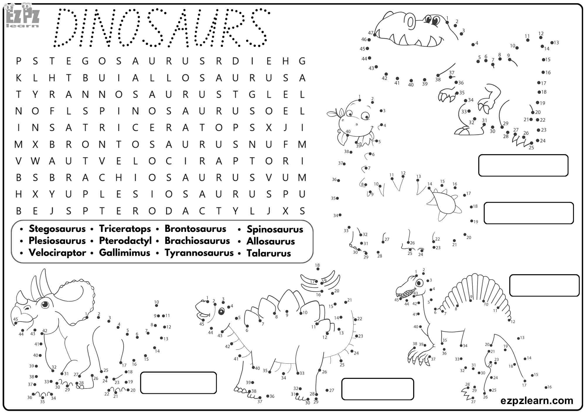Dinosaurs Vocabulary for Kids. Includes: Word Search, Coloring, Dot to Dot, and Writing Activities. Free Printable PDF File